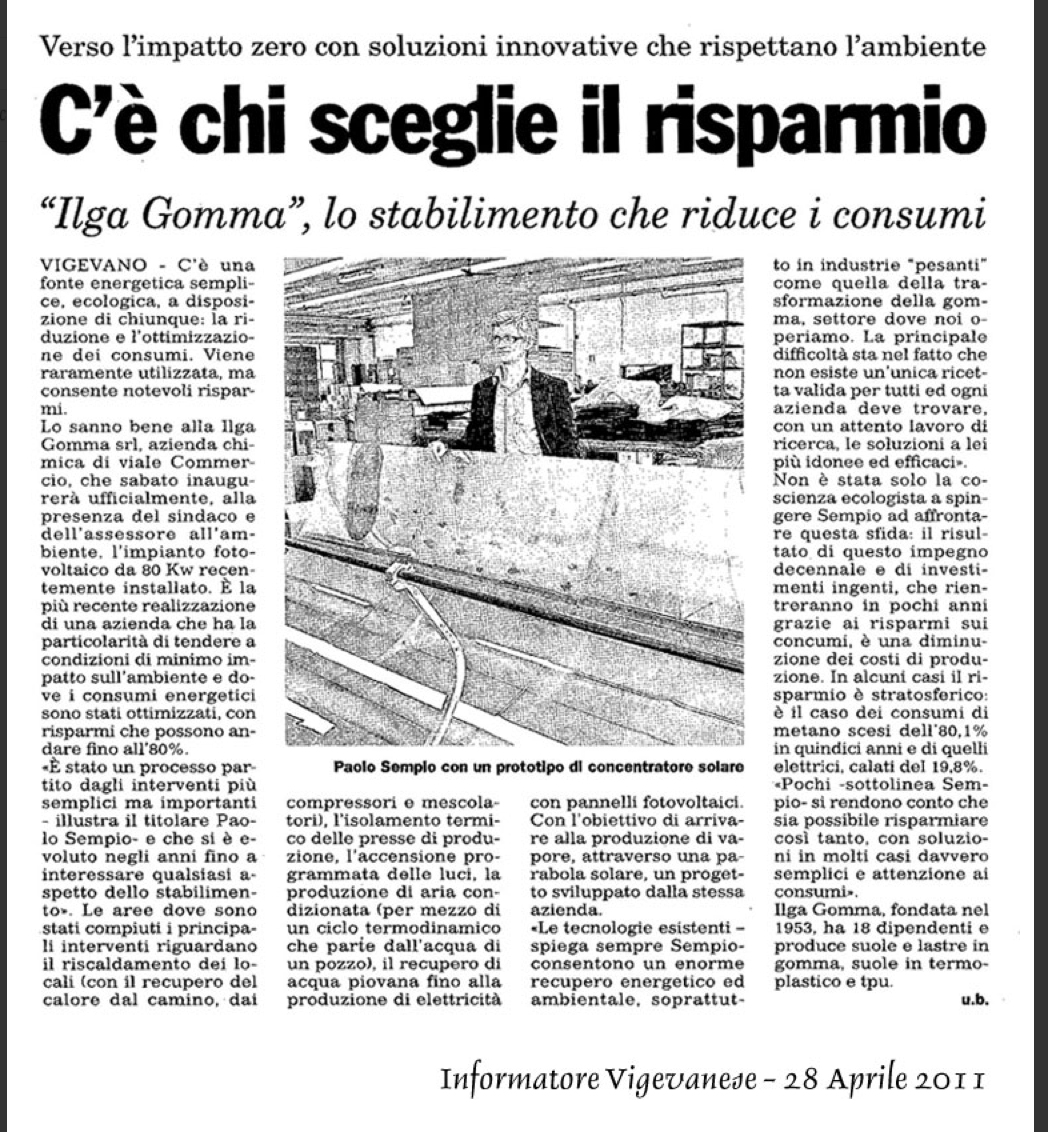 Informatore Vigevanese - Aprile 2011 - Verso l'impatto zero con soluzioni innovative che rispettano l'ambiente. Ilga Gomma, lo stabilimento che riduce i consumi